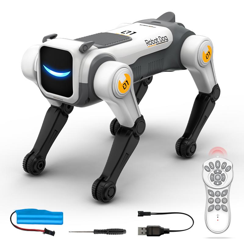 Chien robot télécommandé avec sa télécommande, sa batterie rechargeable, son câble USB et un tournevis