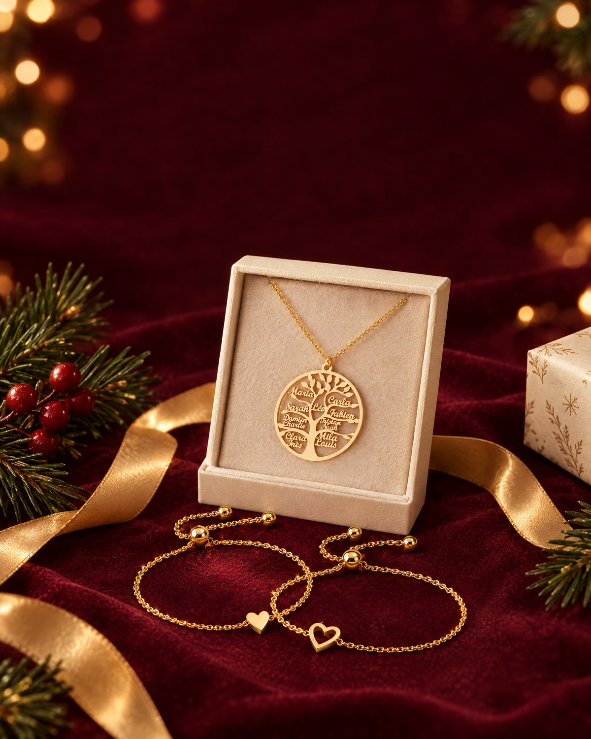 Collier Arbre de Vie dans sa boîte cadeau et bracelets cœurs assortis sur velours bordeaux, ambiance de Noël