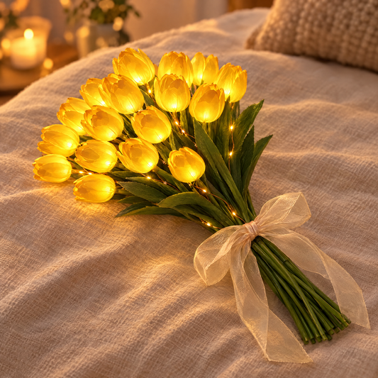 Bouquet de 15 tulipes lumineuses jaunes à la lumière dorée