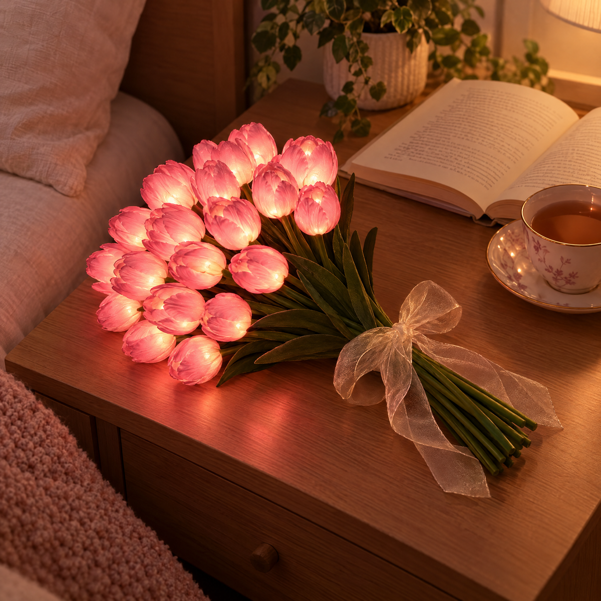 Bouquet de tulipes lumineuses roses sur une table de chevet, la nuit