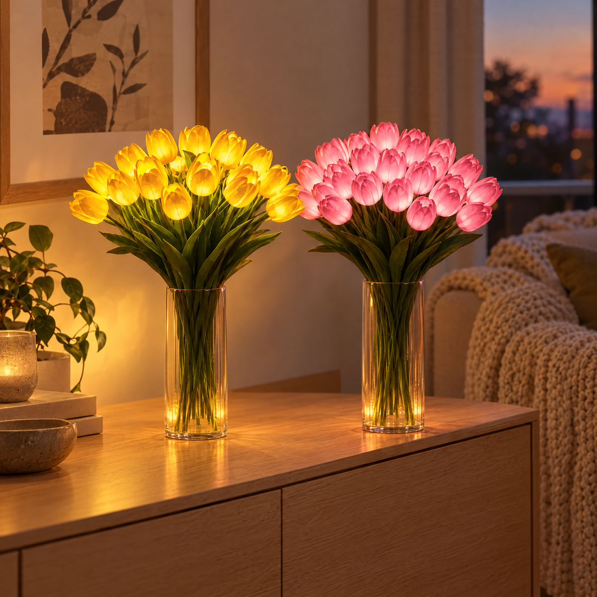 Deux bouquets de tulipes lumineuses, jaune et rose, dans des vases