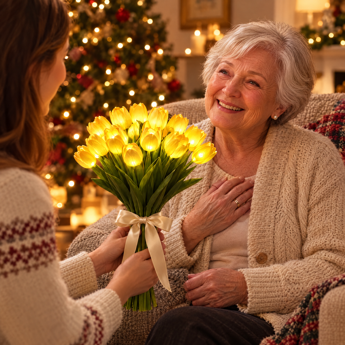 Bouquet de tulipes lumineuses offert à une grand-mère à Noël
