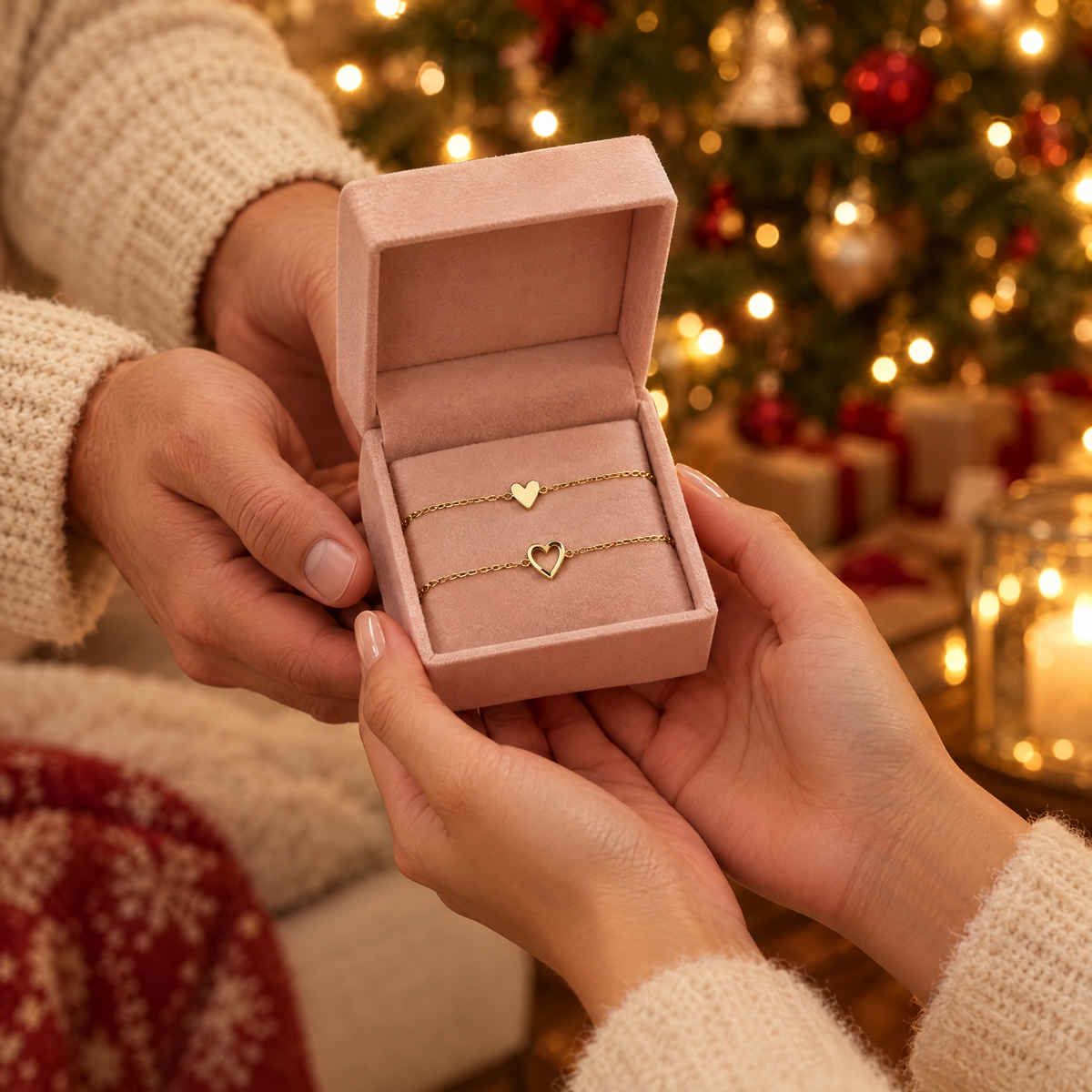 Boîte cadeau avec les deux bracelets cœurs offerte pour Noël