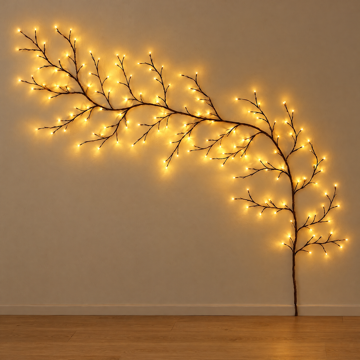 Branche lumineuse LED murale allumée, liane façon saule aux petites lumières blanc chaud