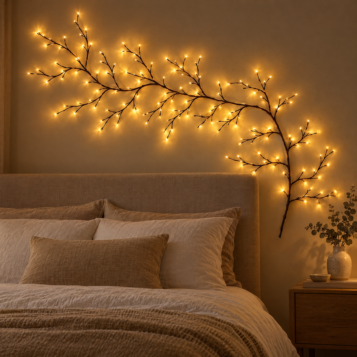 Branche lumineuse LED au-dessus d'un lit dans une chambre cosy le soir