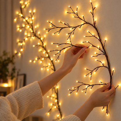 Mains qui façonnent la liane lumineuse flexible sur le mur, LED blanc chaud