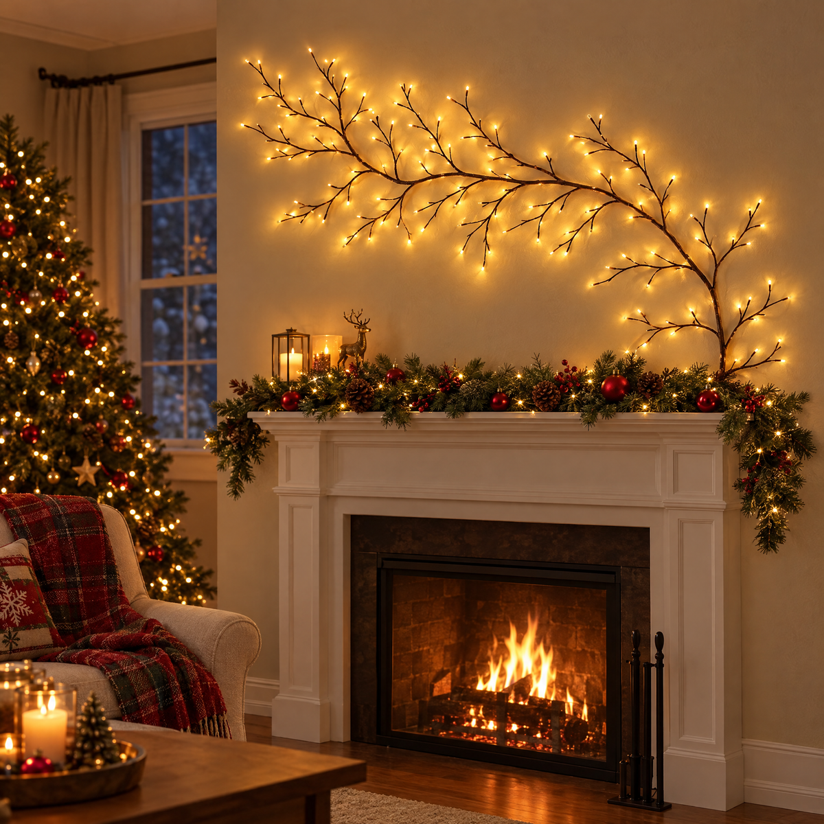 Branche lumineuse LED au-dessus d'une cheminée décorée pour Noël