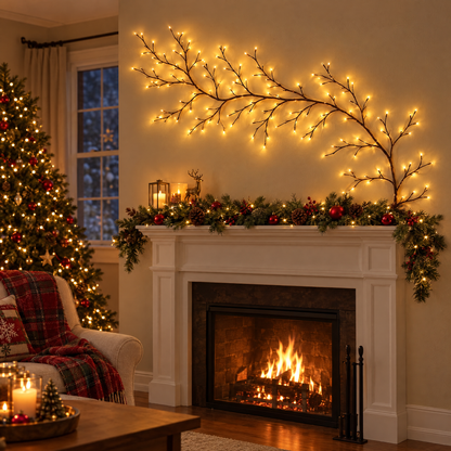 Branche lumineuse LED au-dessus d'une cheminée décorée pour Noël