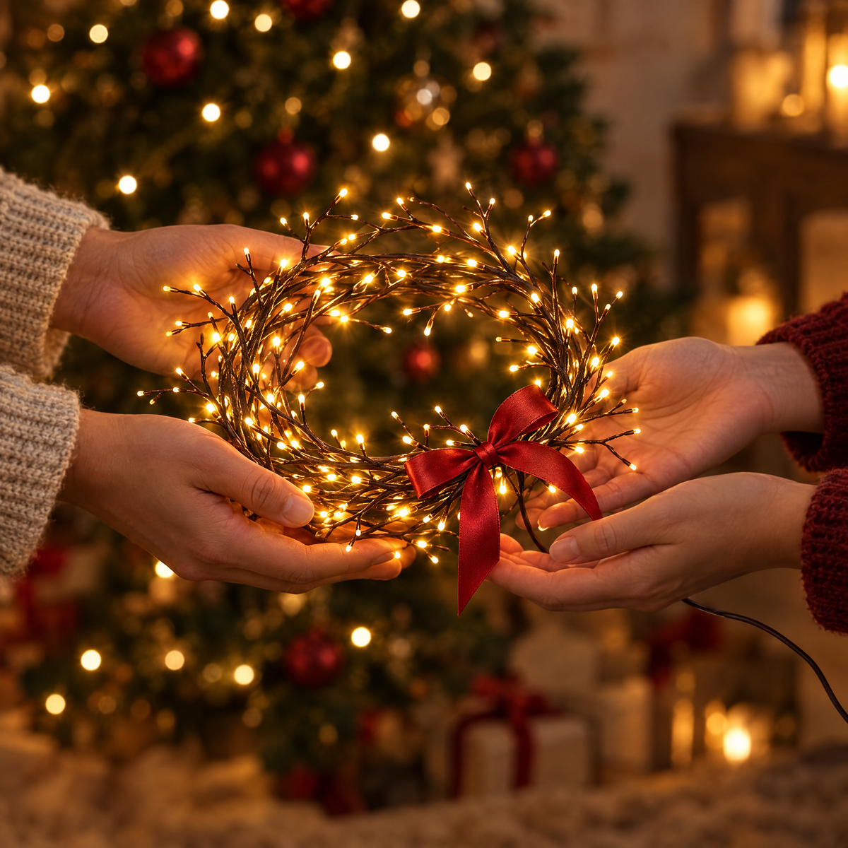 Liane lumineuse enroulée en couronne avec un nœud rouge, offerte devant le sapin