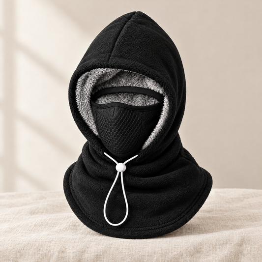 Bonnet polaire noir 3-en-1 avec doublure peluche grise, masque intégré et cordon de serrage