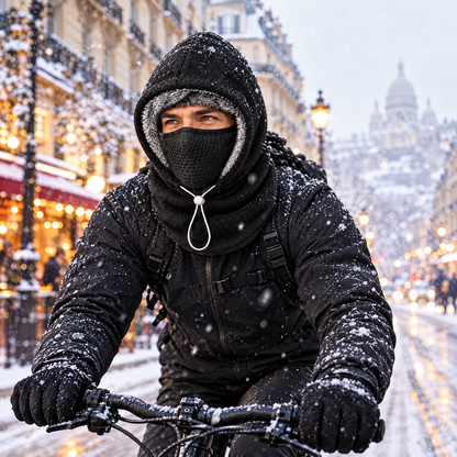 Cycliste sous la neige en ville, visage protégé du froid par le bonnet polaire noir