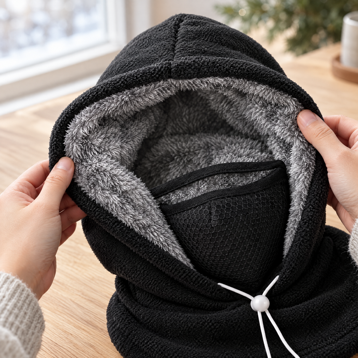 Gros plan sur la doublure peluche grise et la polaire noire du bonnet
