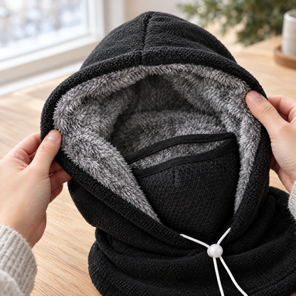 Gros plan sur la doublure peluche grise et la polaire noire du bonnet