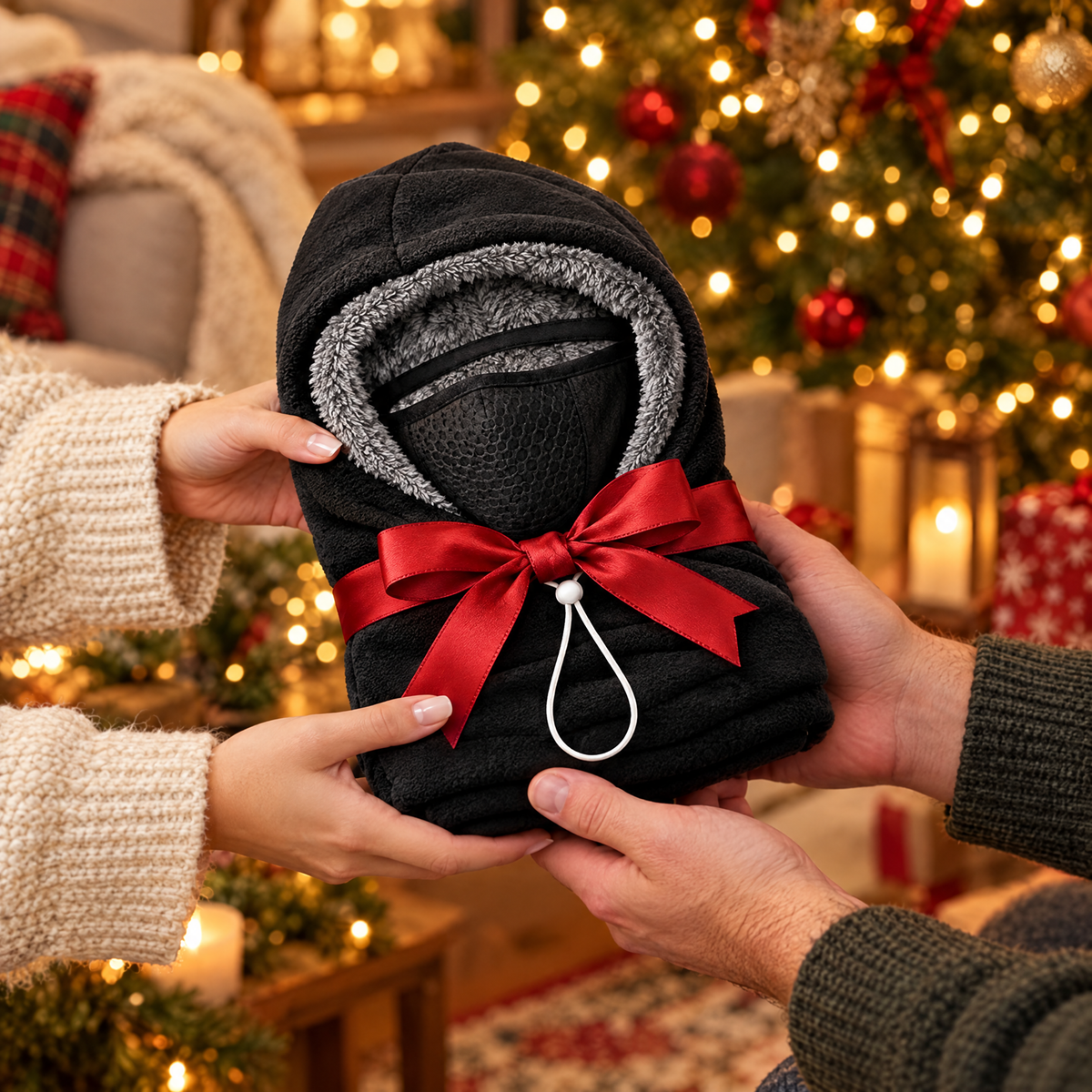 Bonnet polaire noir offert avec un nœud rouge devant le sapin de Noël