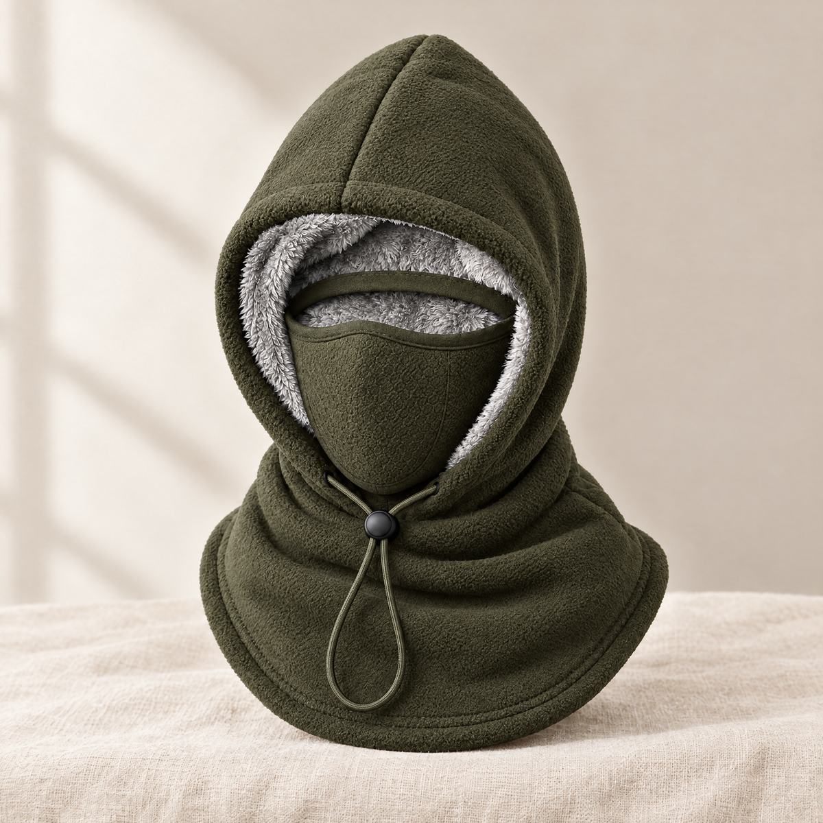 Bonnet polaire kaki 3-en-1 avec doublure peluche grise, masque intégré et cordon de serrage