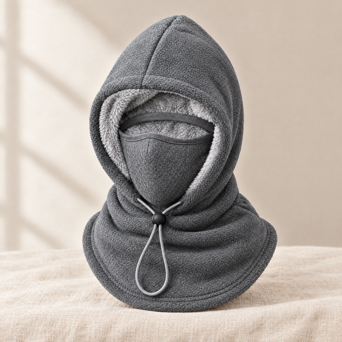 Bonnet polaire gris 3-en-1 avec doublure peluche, masque intégré et cordon de serrage
