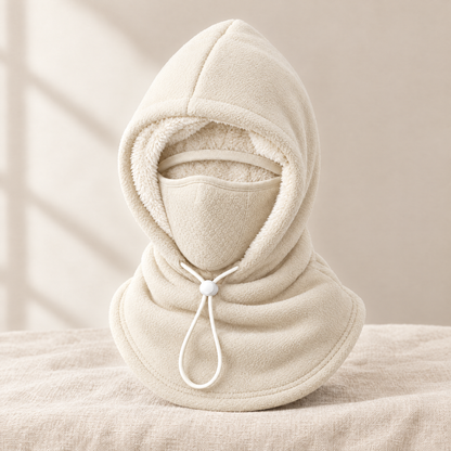 Bonnet polaire crème 3-en-1 avec doublure peluche, masque intégré et cordon de serrage