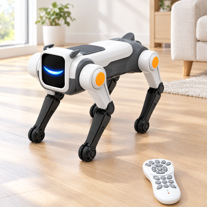 Chien robot télécommandé blanc et gris au visage LED souriant, avec sa télécommande, sur un parquet clair