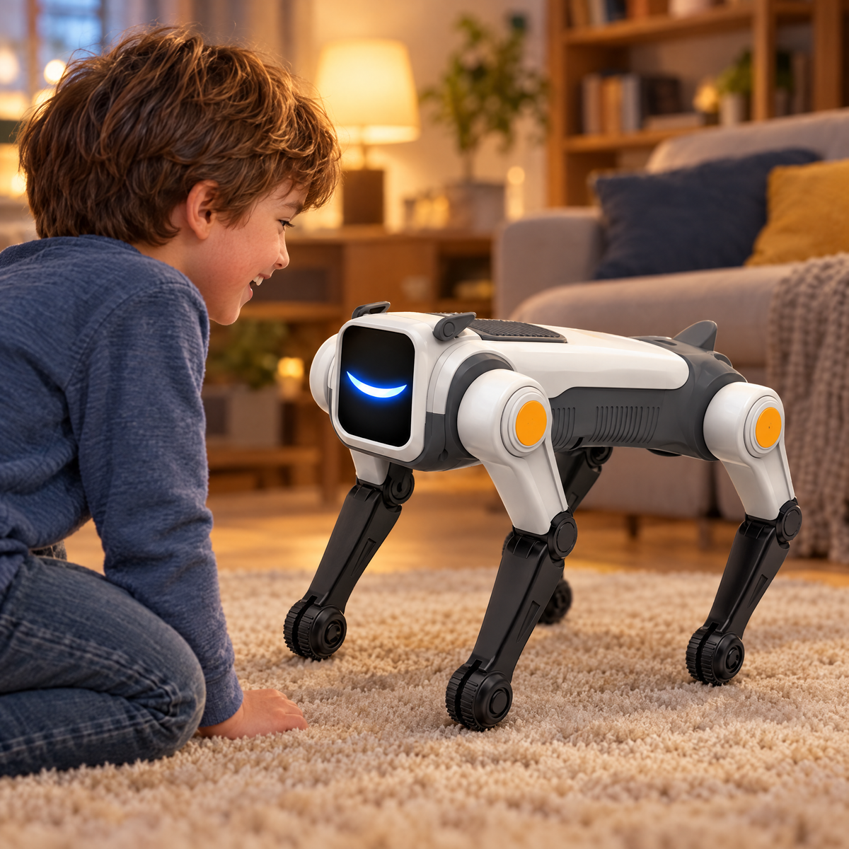 Enfant à genoux sur un tapis qui sourit au chien robot au visage LED dans le salon