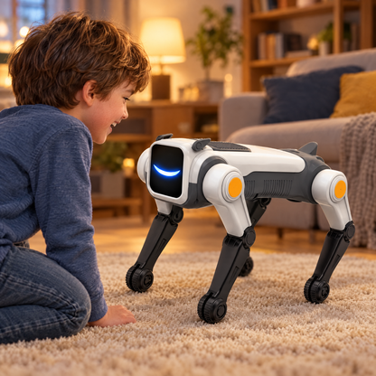 Enfant à genoux sur un tapis qui sourit au chien robot au visage LED dans le salon