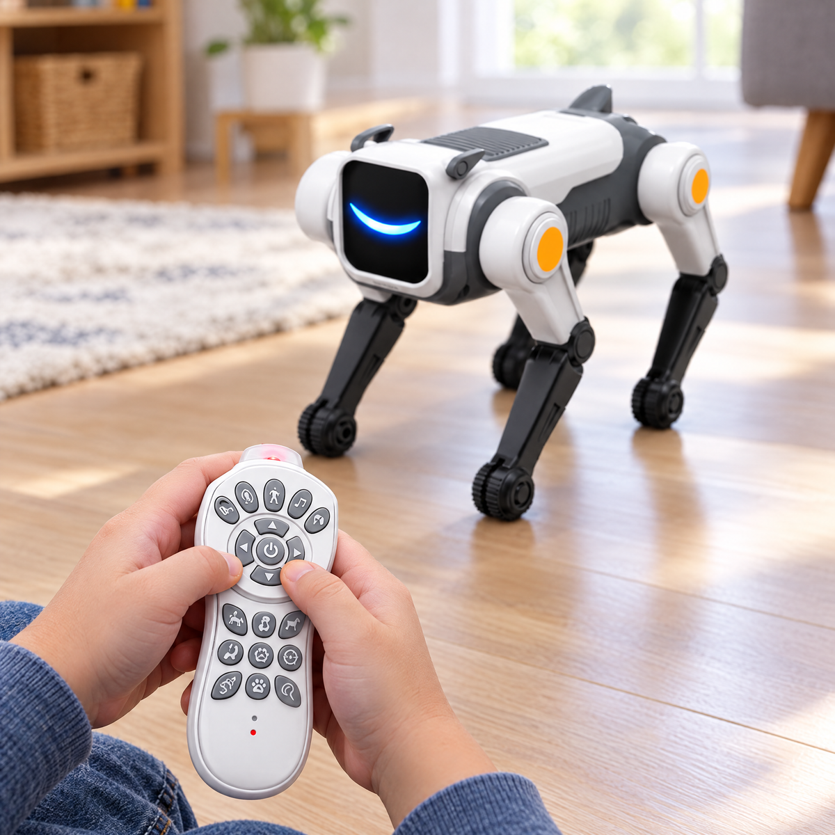 Mains d'enfant qui tiennent la télécommande du chien robot, le robot en arrière-plan