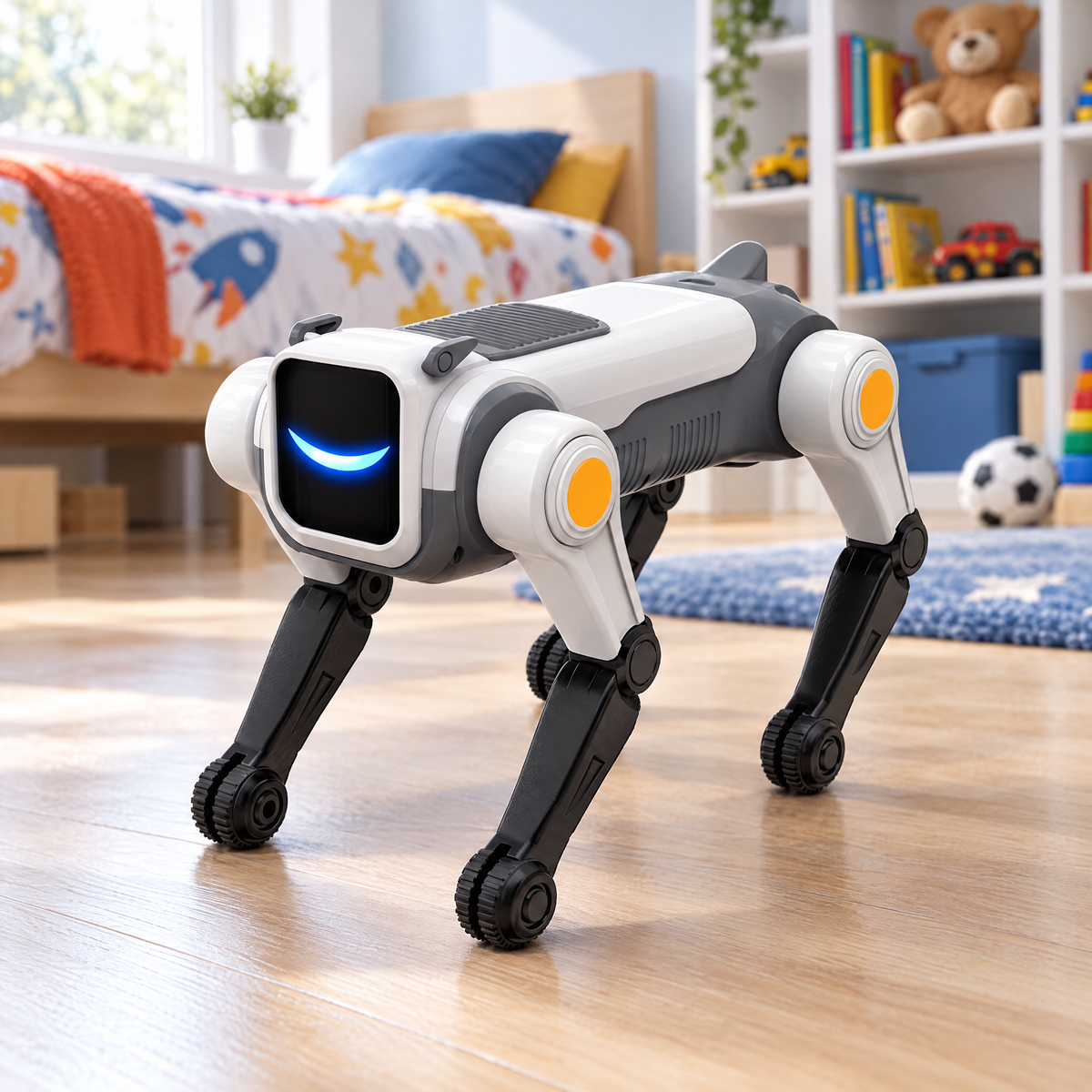 Chien robot télécommandé sur le parquet d'une chambre d'enfant