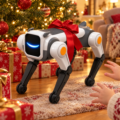 Chien robot avec un nœud rouge sous le sapin de Noël, entouré de cadeaux