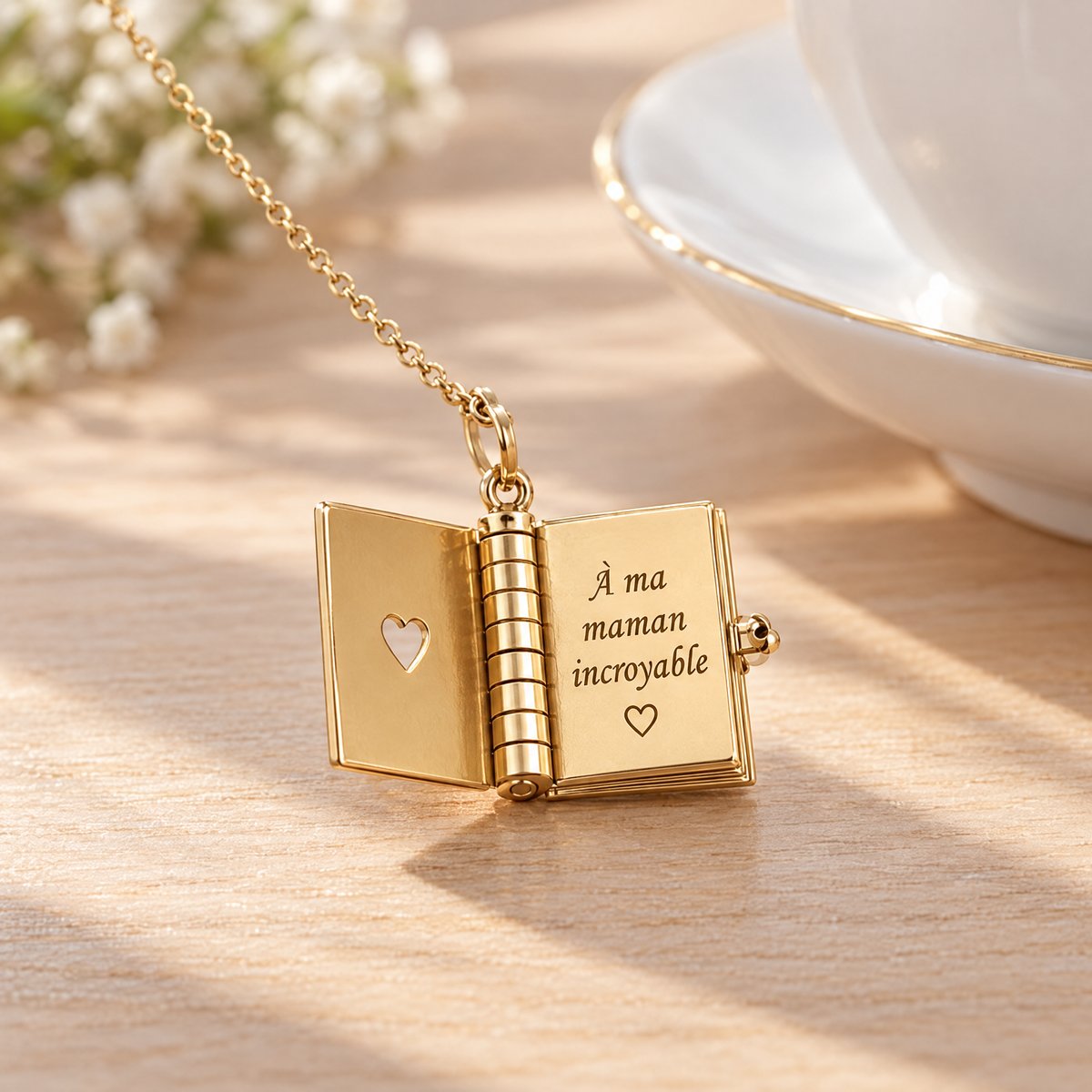 Pendentif livre doré ouvert, page gravée À ma maman incroyable
