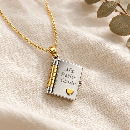 Collier livre argenté et doré gravé Ma Petite Etoile