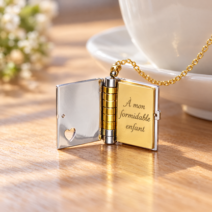 Pendentif livre Mon trésor ouvert, page gravée À mon formidable enfant