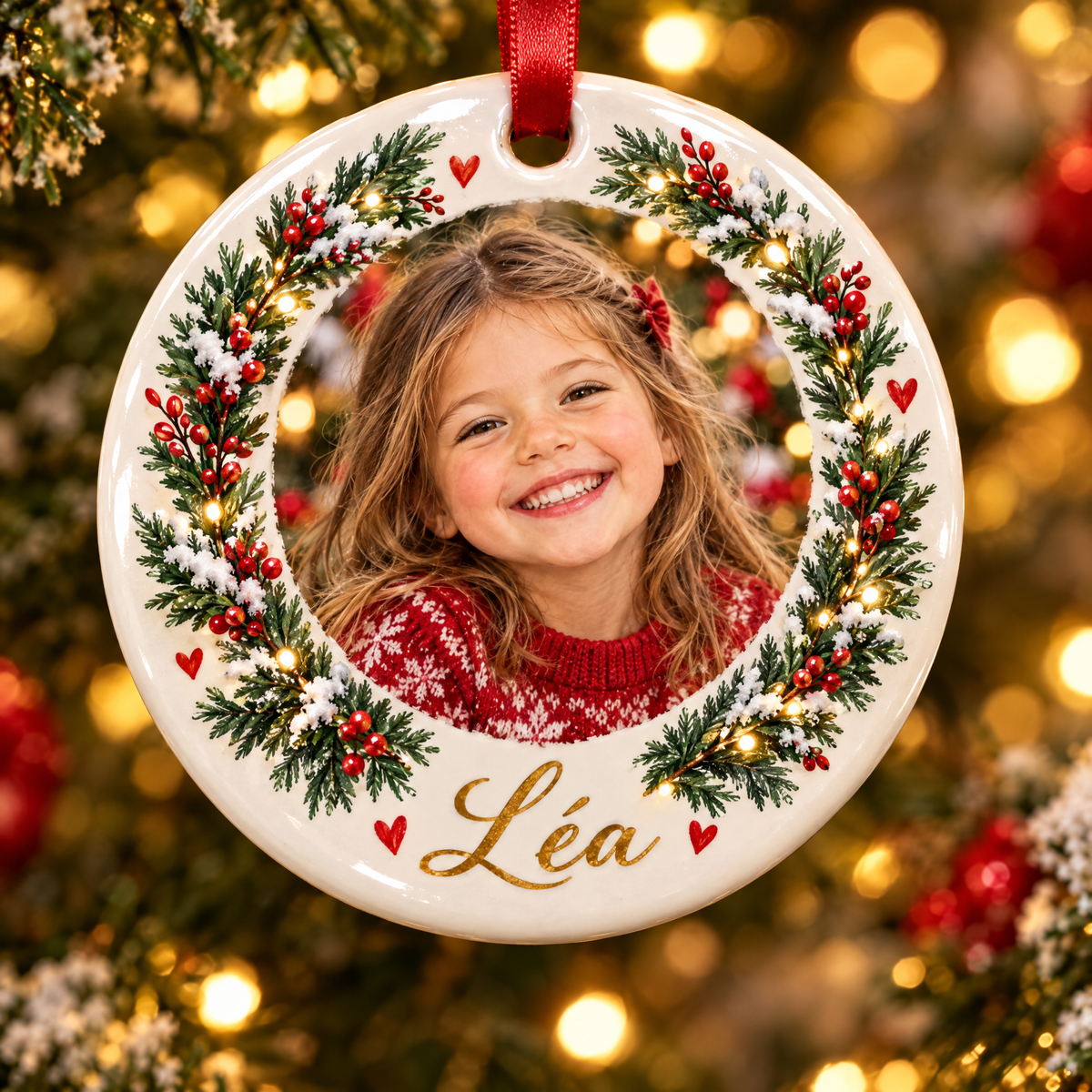 Gros plan sur l'impression photo et le prénom doré de la décoration de Noël