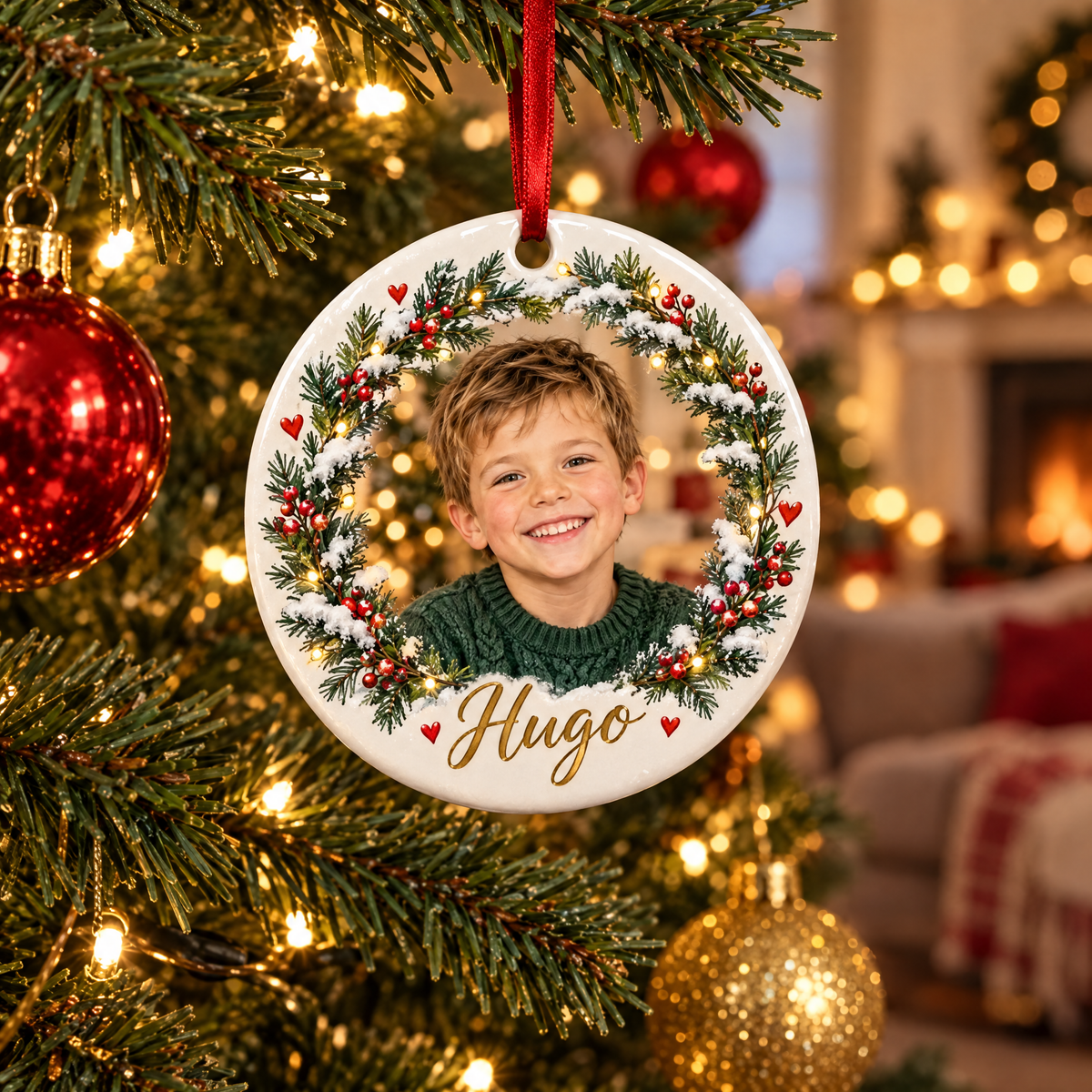 Décoration de Noël photo personnalisée au prénom Hugo suspendue au sapin