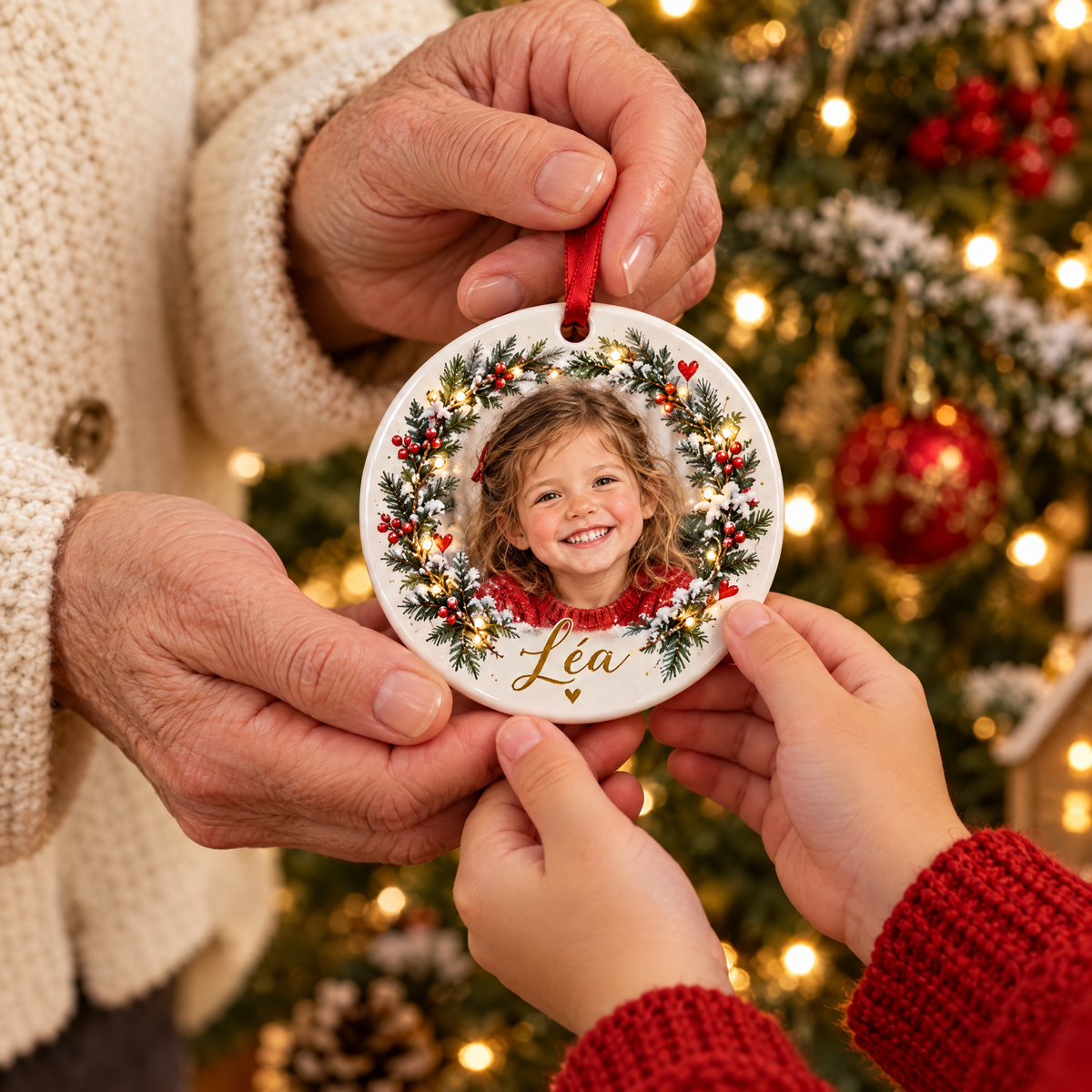Une grand-mère reçoit la décoration de Noël avec la photo de sa petite-fille