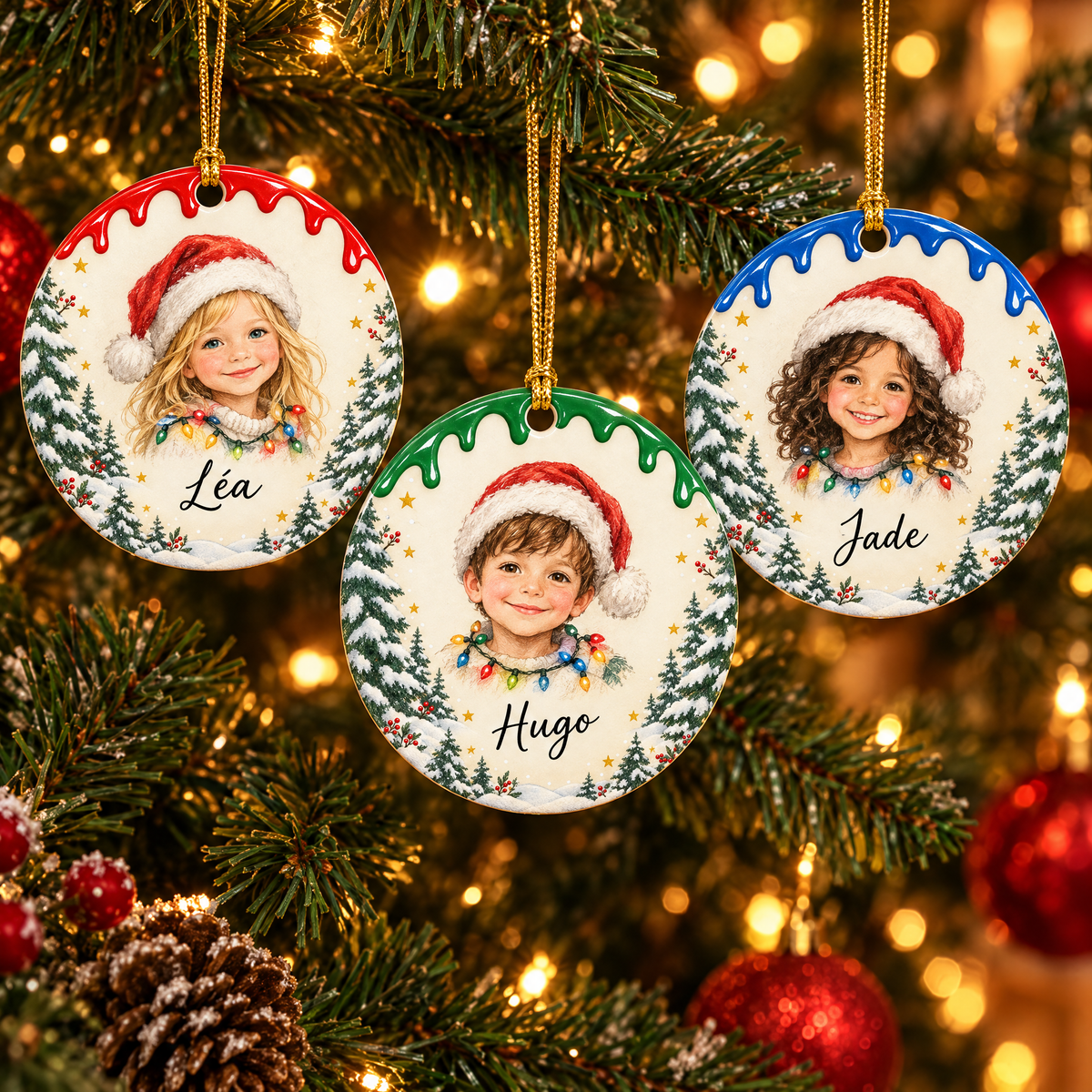 Trois décorations de Noël photo personnalisées avec portraits illustrés : Léa, Hugo et Jade