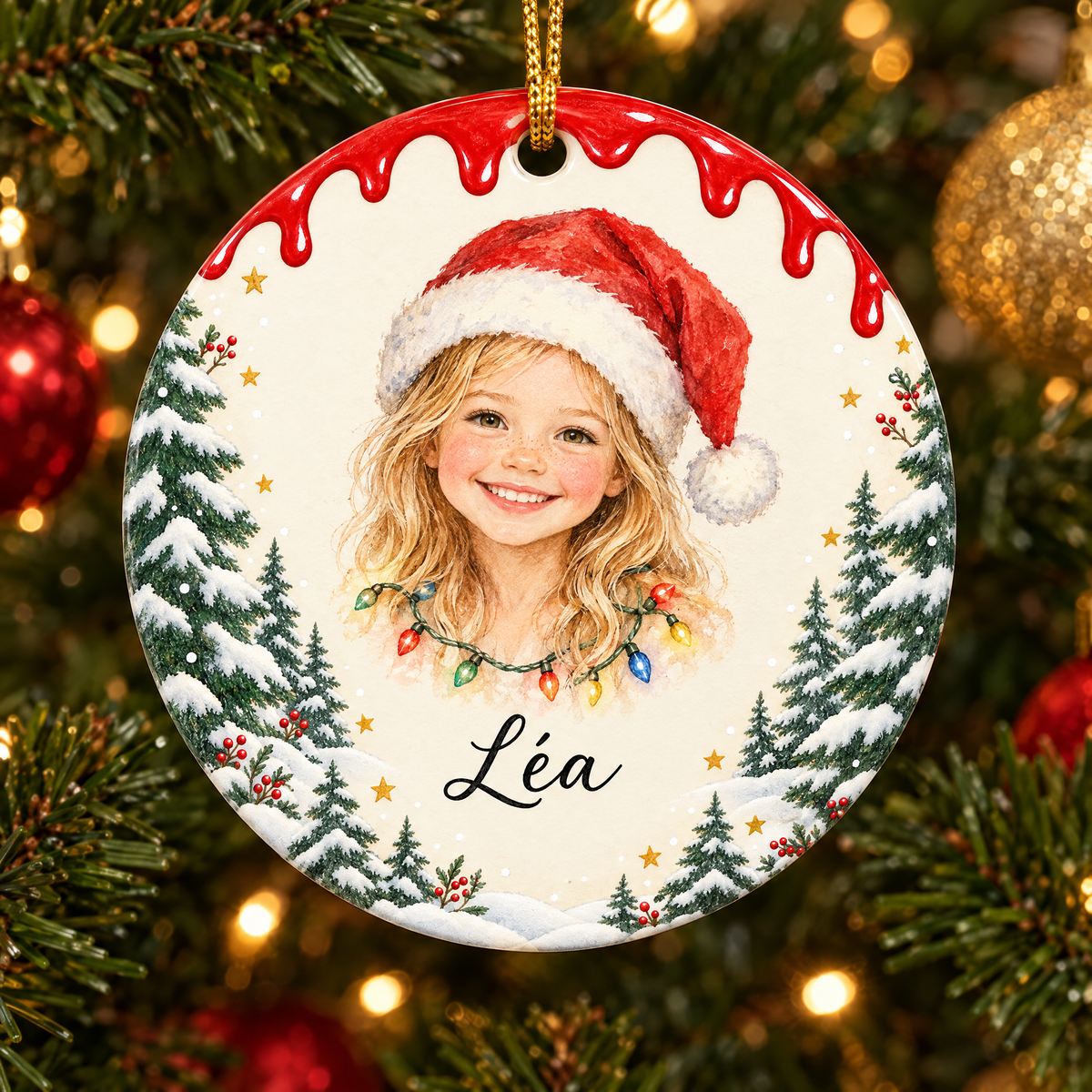 Décoration de Noël en céramique avec le portrait illustré de Léa en bonnet de Père Noël