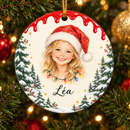 Décoration de Noël en céramique avec le portrait illustré de Léa en bonnet de Père Noël