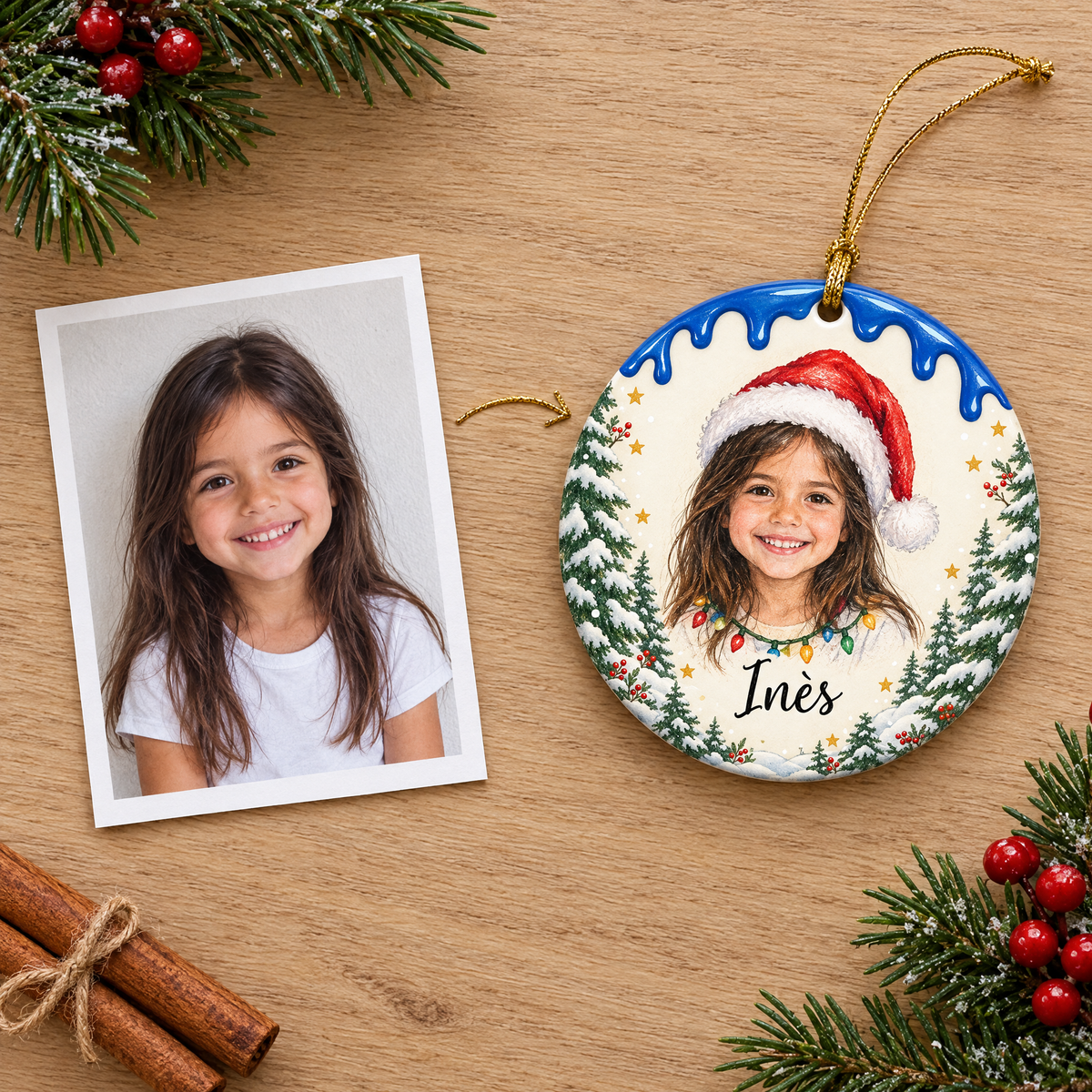 Avant / après : la photo d'Inès transformée en portrait illustré sur la décoration de Noël