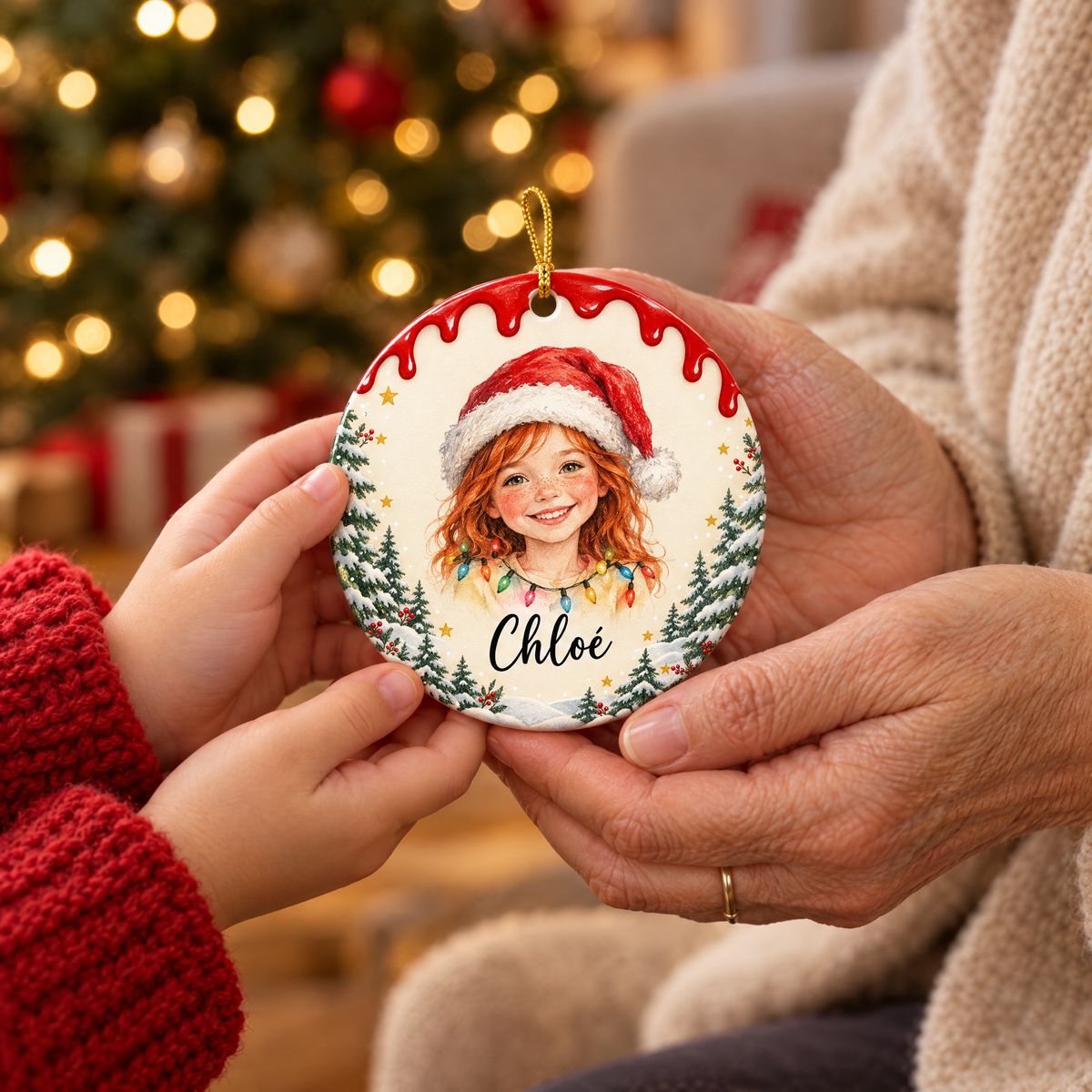 Une petite fille offre à sa grand-mère la décoration de Noël au portrait de Chloé