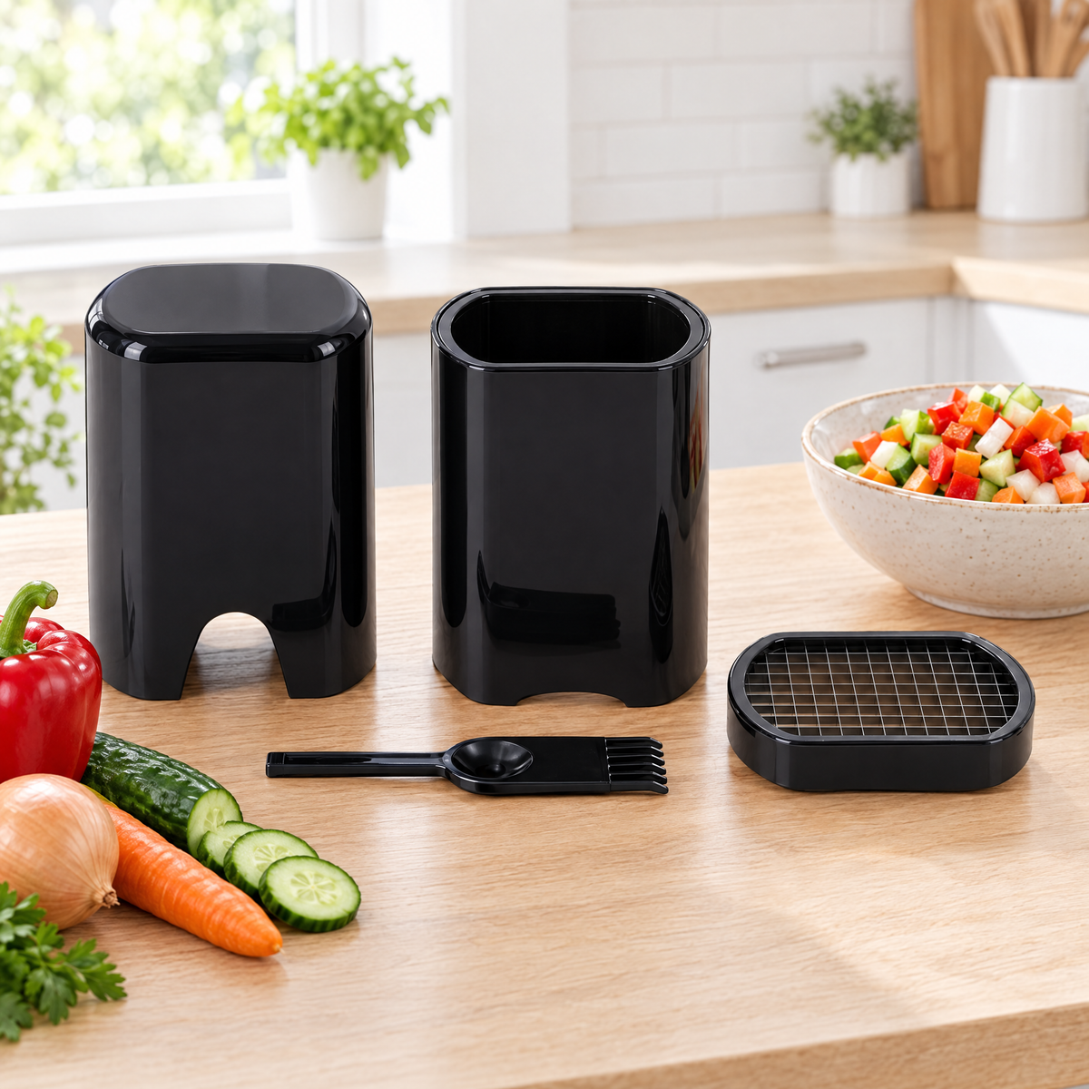 Découpeur de légumes manuel noir brillant avec sa grille ovale et son peigne de nettoyage