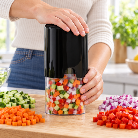 Mains qui appuient sur le poussoir, dés de légumes réguliers dans le bac transparent