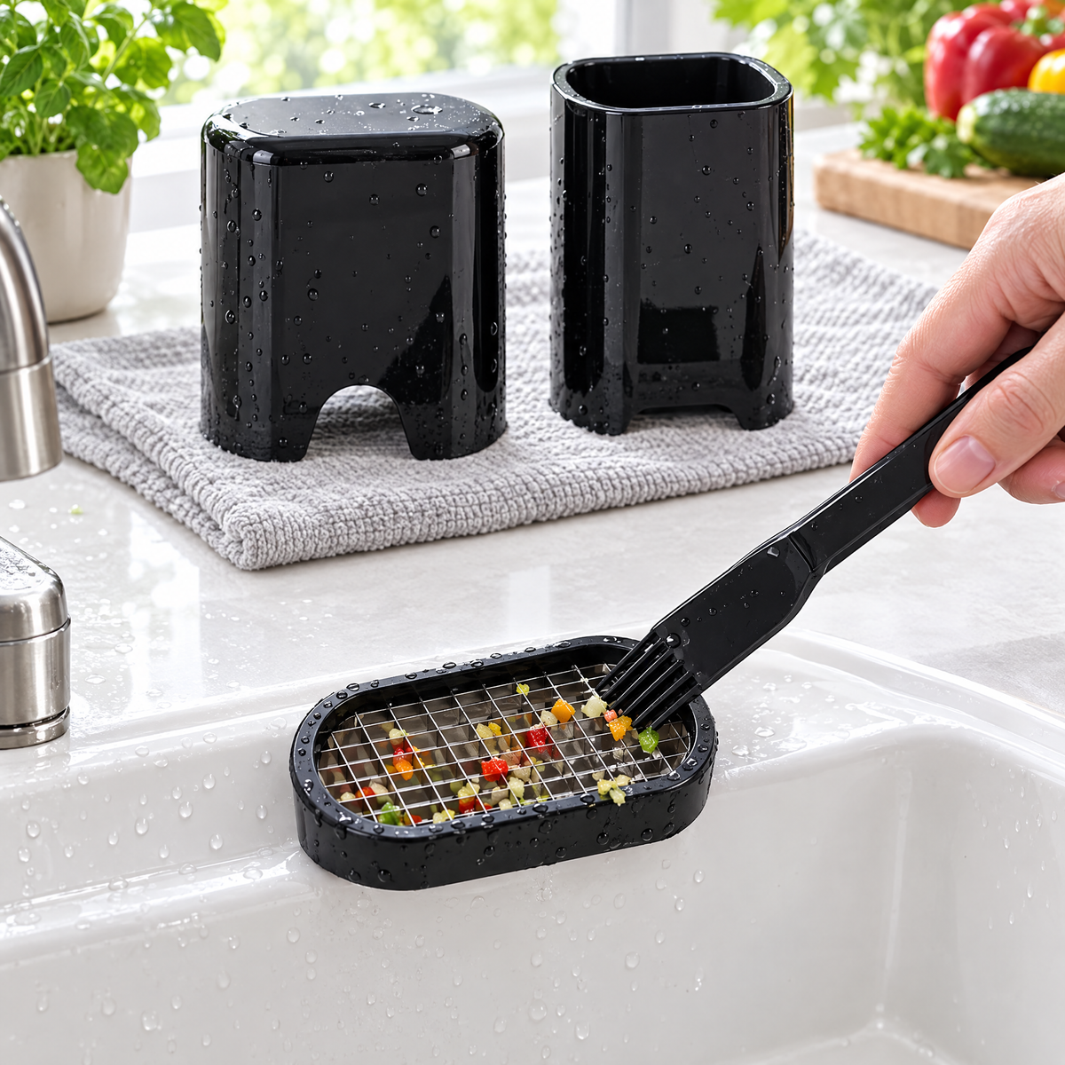 Nettoyage de la grille ovale avec le peigne fourni, près de l'évier