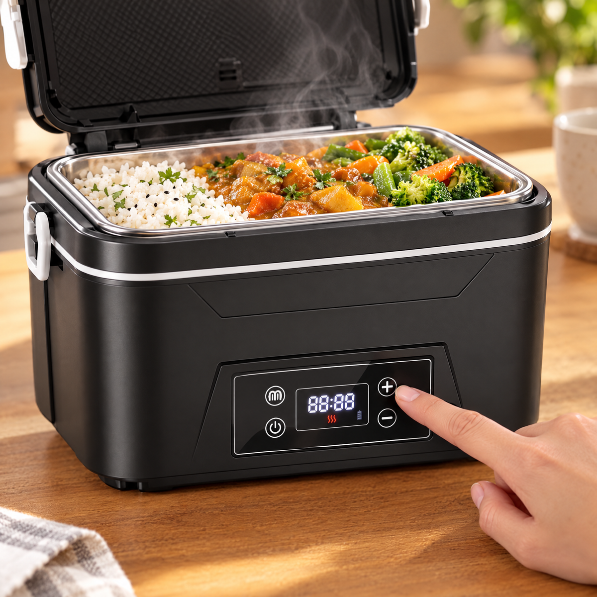 Doigt sur l'écran tactile de la gamelle chauffante, plat chaud dans la boîte en inox