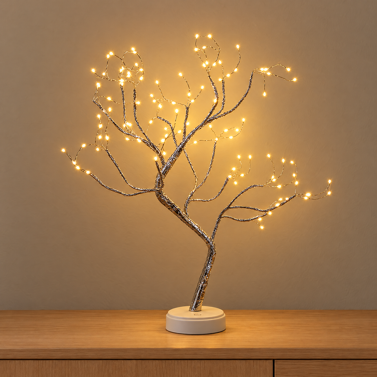 Lampe arbre de vie LED allumée, branches argentées et petites lumières blanc chaud sur un buffet