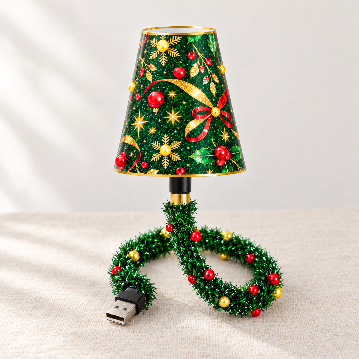 Lampe projecteur de Noël USB, abat-jour vert décoré et tige flexible façon guirlande