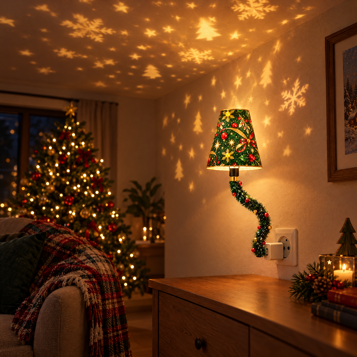 Lampe projecteur de Noël branchée au mur qui projette des motifs dorés au plafond du salon