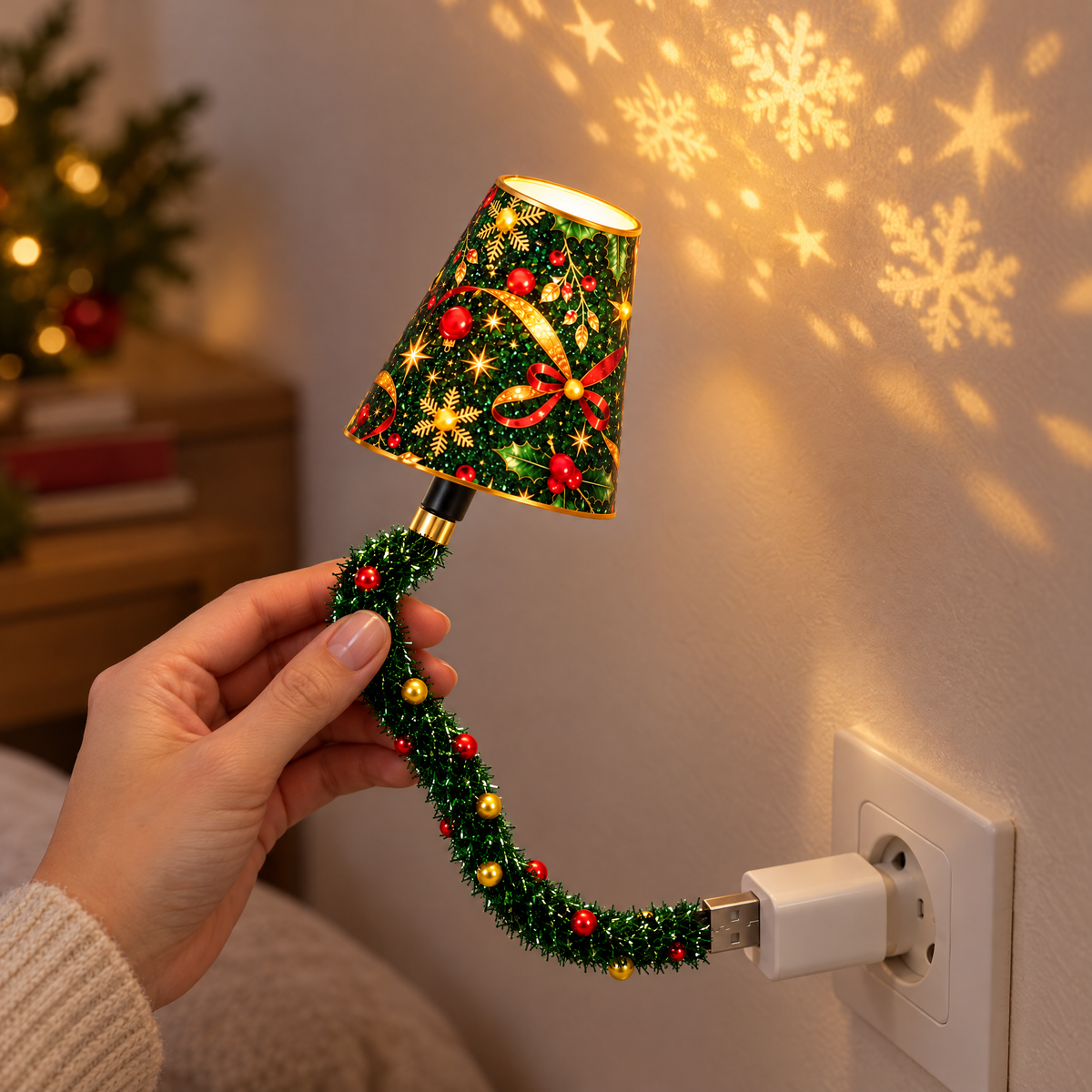 Main qui oriente la tige flexible de la lampe branchée sur un chargeur USB