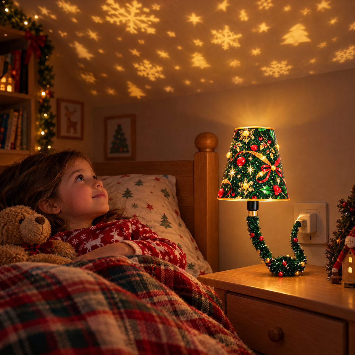 Enfant émerveillé dans son lit devant les motifs de Noël projetés au plafond