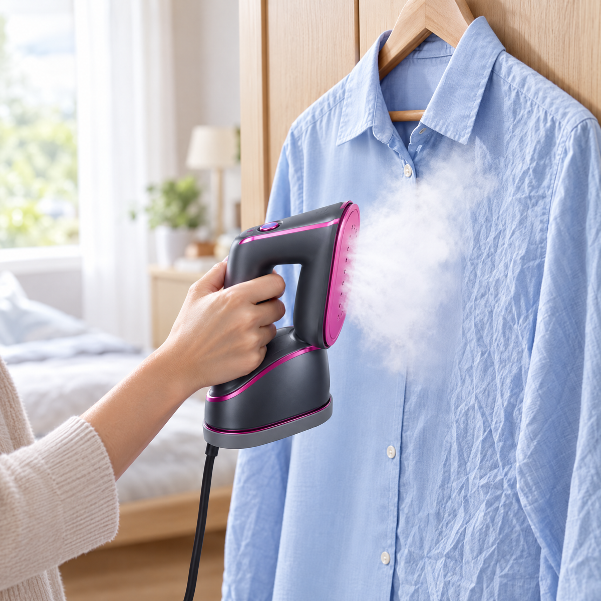 Mini fer vapeur tenu à la verticale qui défroisse une chemise sur un cintre