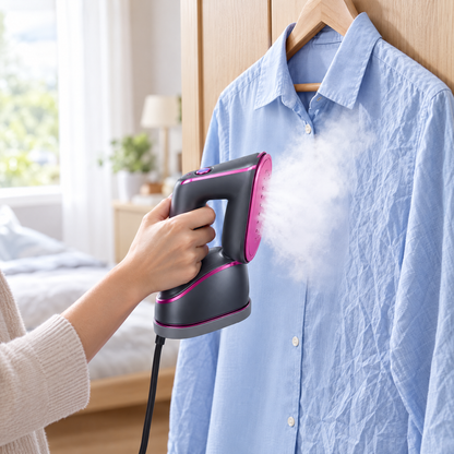 Mini fer vapeur tenu à la verticale qui défroisse une chemise sur un cintre