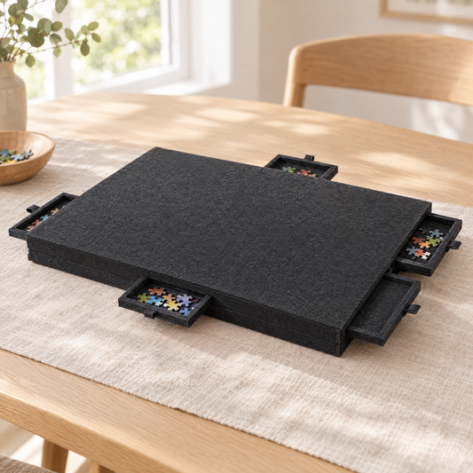 Plateau de puzzle en feutre anthracite avec 6 tiroirs, posé sur une table